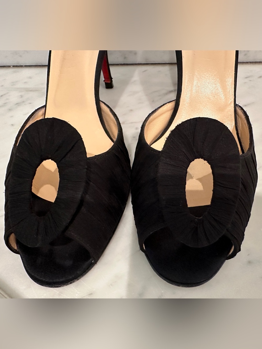 Vintage Christian Louboutin Black Silk Oval Peep Toe Mule Heels EU 40.5 Red Sole - Picture 3 of 7